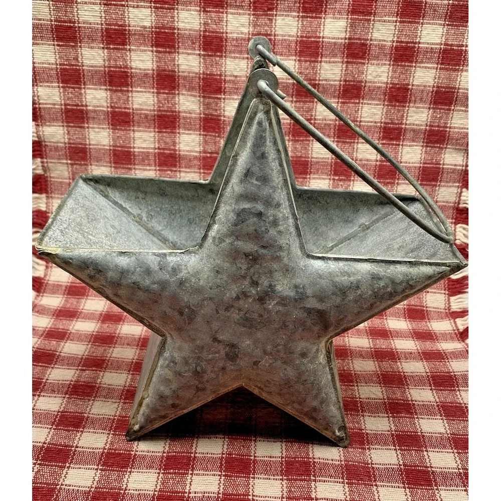 Vintage Rustic Primitive Tin Star Shaped Pail Bucket Farmhouse Americana